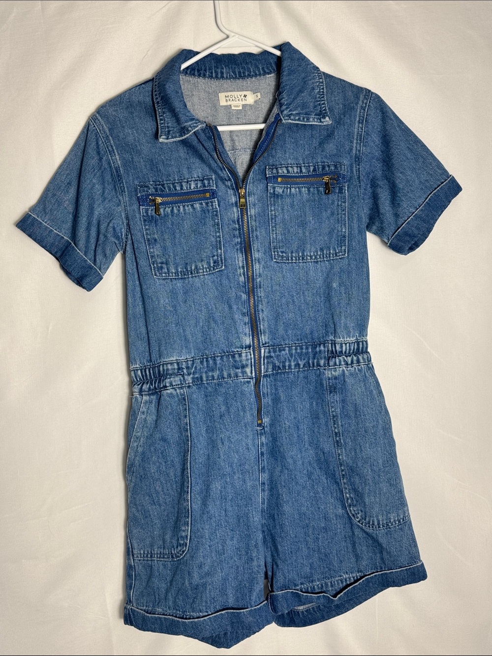 Molly Bracken Short Sleeve Blue Denim Short Romper Size Small